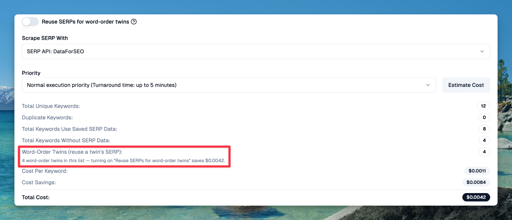 Cost estimate with the Word-Order Twins line