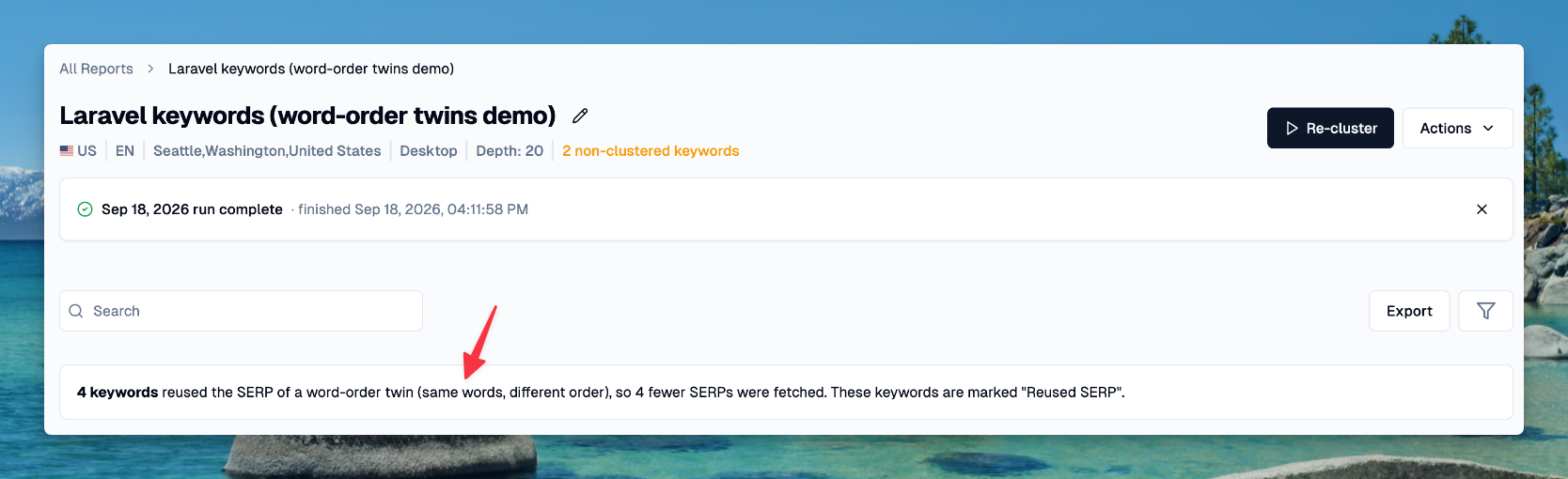 The reused SERP summary line above the clusters table