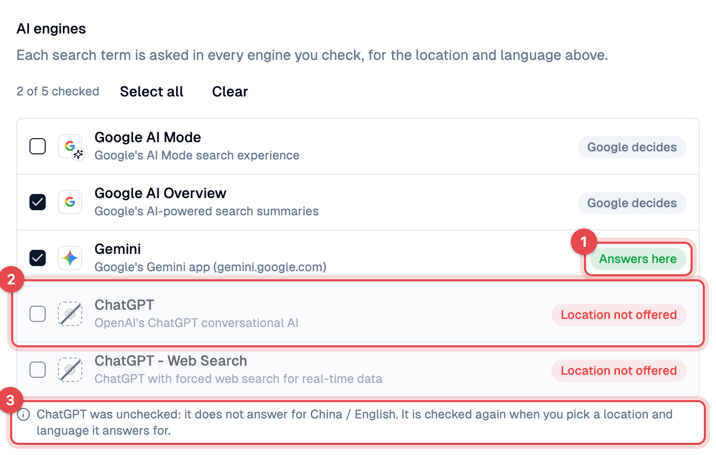 AI engines list with China selected